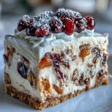 Slices reveal the creamy spice-filled interior of the Christmas Cheesecake Slab resting on a crunchy biscuit crust with dried fruit pieces.