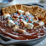 Gooey 4th of July S'mores Dip bubbling golden brown in cast iron.