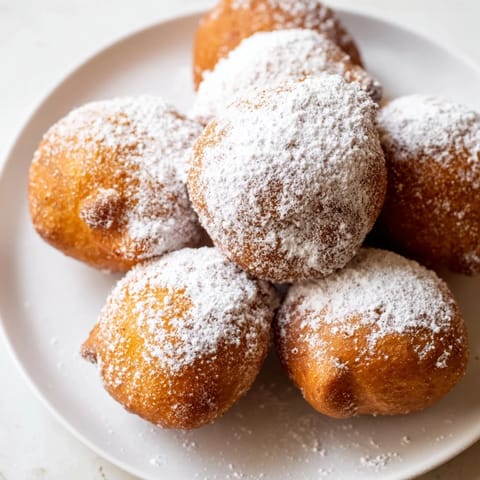 Golden brown zeppole piled high, dusted with powdered sugar, ready to eat for a delicious dessert.