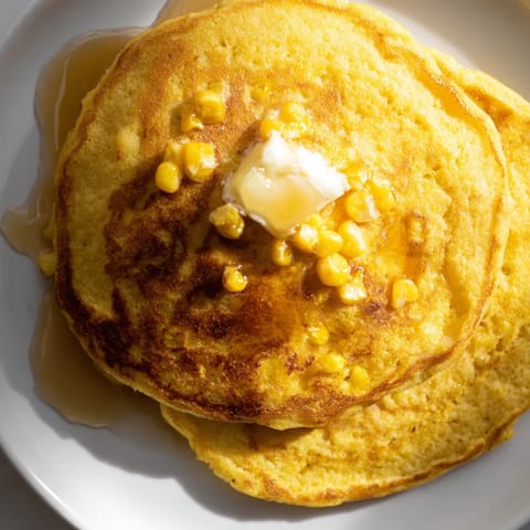 A stack of warm corn flapjacks with visible corn kernels, ready for a delicious breakfast spread.