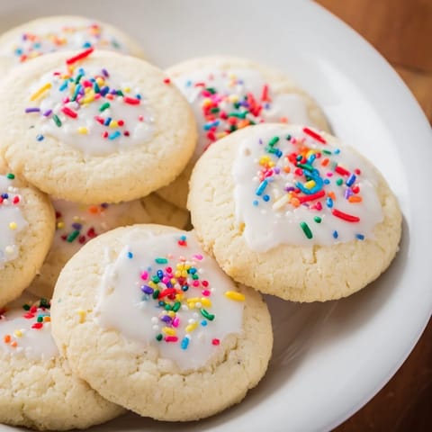 Close-up photo of freshly baked butter cookies, showing buttery texture and golden edges.