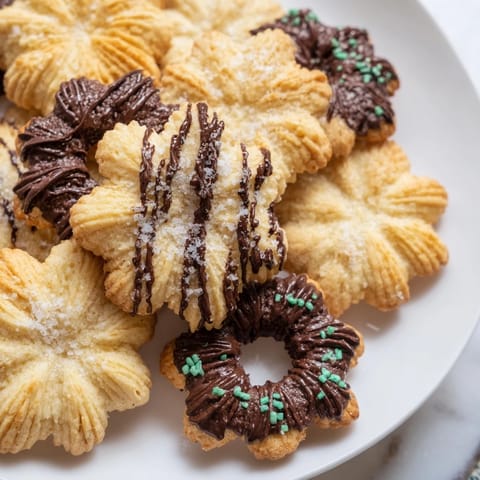 Golden, buttery Spritz Cookies, shaped into festive hearts and stars, ready for the holiday season.