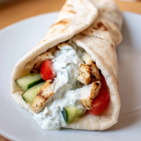 Golden grilled chicken strips nestled in a warm pita wrap with creamy tzatziki sauce and fresh veggies.