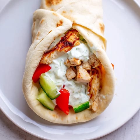 A close-up of a Greek Chicken Wrap with diced tomatoes, cucumber slices, and a drizzle of tzatziki.