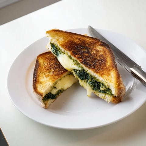 A close-up of spinach pesto grilled cheese on a plate, steam rising from the gooey, melted cheese interior.