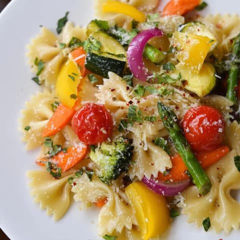 Colorful bow-tie pasta primavera with fresh spring vegetables like asparagus and cherry tomatoes tossed in a light garlic olive oil sauce.
