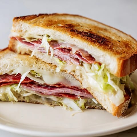 Golden-brown Italian sub grilled cheese with melted provolone, salami, and pepperoni on crusty bread, served with tangy lettuce topping.