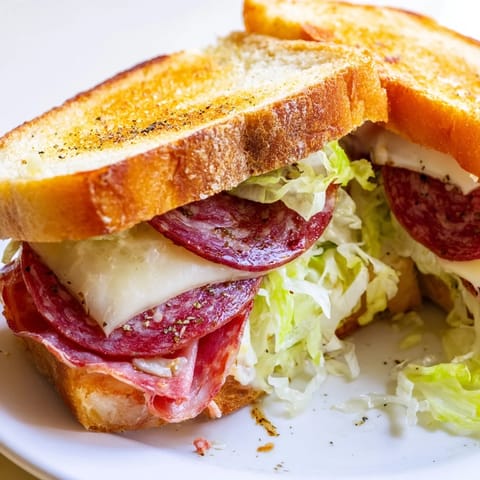 Close-up of a hot Italian sub grilled cheese sandwich, oozing cheese and piled high with savory Italian cold cuts.
