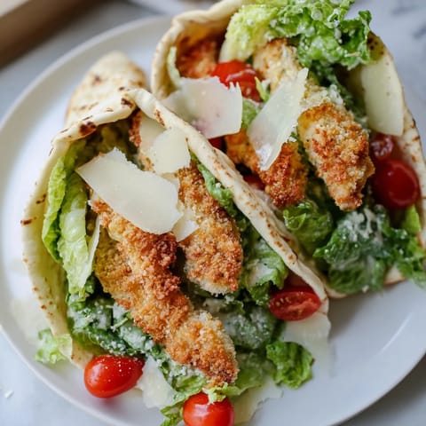 Golden-brown, crispy chicken strips stuffed into warm pita pockets with fresh romaine and creamy Caesar dressing.
