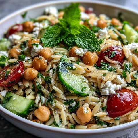 Vibrant Lemony Chickpea Orzo Salad, plated elegantly with cucumber and feta.