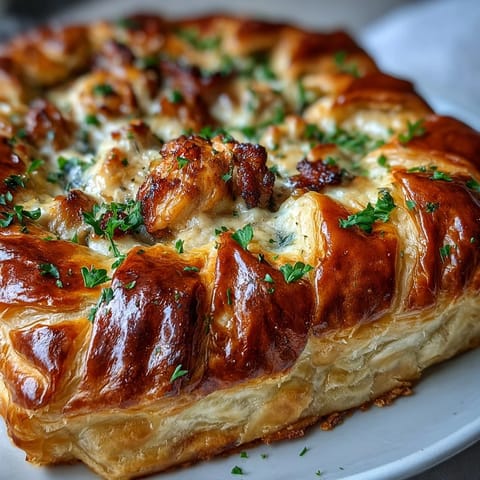 Golden, flaky puff pastry covers a bubbling Chicken and Leek Pie filled with creamy chicken, leeks, and smoky bacon, fresh from the oven.