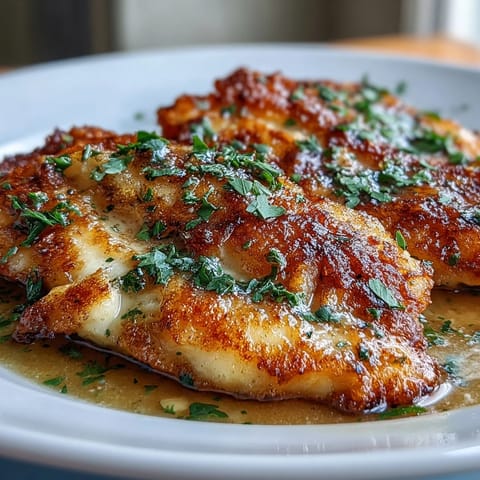 Mouthwatering pan-fried Flounder Meunière, ready to be served with fresh parsley.