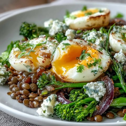 Vibrant plated French Lentil Salad With Broccolini and Soft-Cooked Eggs features tender lentils and bright green broccolini under jammy eggs.