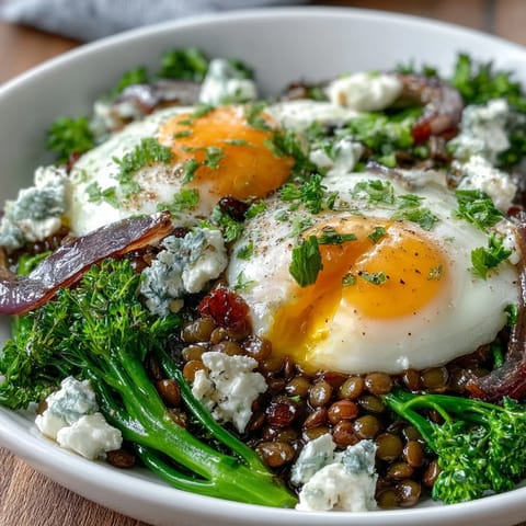 Warm French Lentil Salad With Broccolini and Soft-Cooked Eggs served in a rustic bowl with crumbled goat cheese and Dijon vinaigrette.