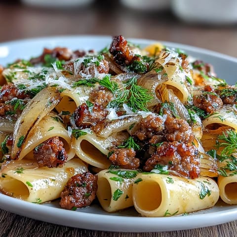 Winter pasta with sausage and fennel served in a white bowl, garnished with fresh parsley and extra Parmesan cheese.