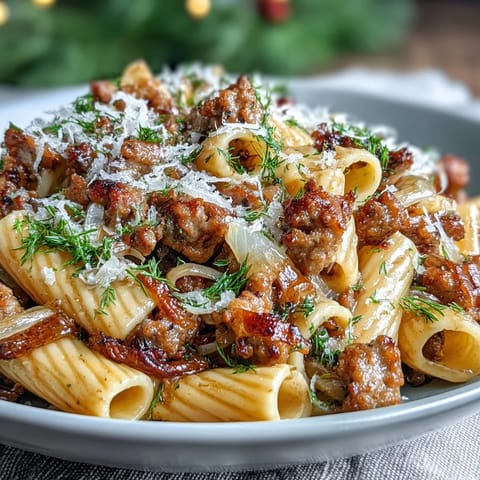 A skillet of winter pasta with sausage and fennel bubbling with aromatic sauce and sweet fennel slices.