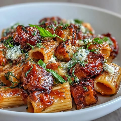 Rigatoni Pasta Alla Norma served in a skillet, featuring tender eggplant, a rich Sicilian tomato sauce, and generous shavings of salty ricotta salata on top.