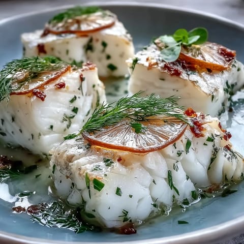 Poached cod fillets with fennel and orange on a plate, garnished with fresh fennel fronds and a slice of citrus.