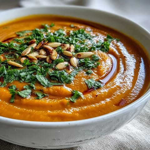 A close-up of Carrot Ginger Soup with vibrant orange color and steam rising above the creamy surface.