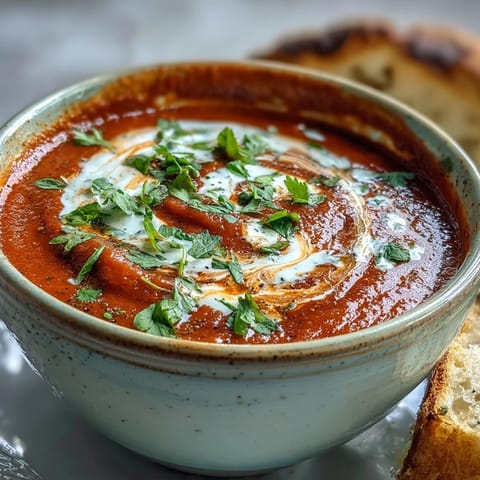 Roasted red pepper soup with a vibrant red-orange hue, served alongside crusty bread for dipping into the silky broth.