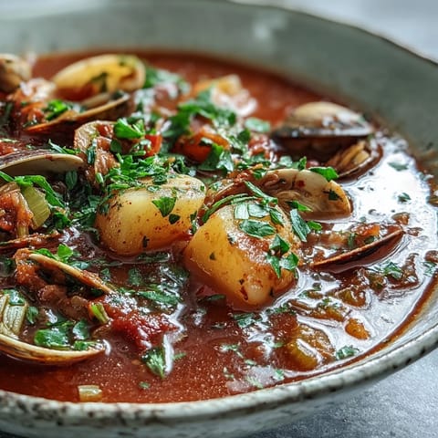 A vibrant bowl of tomato-based Manhattan Clam Chowder garnished with parsley, alongside oyster crackers for dipping.  