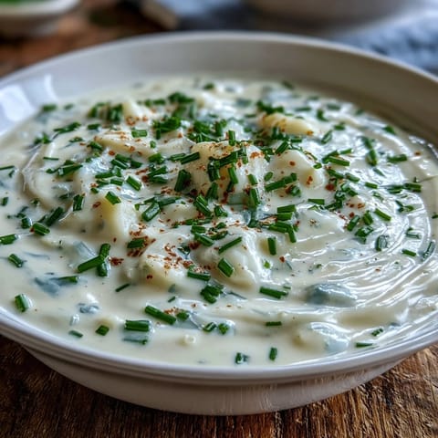 Rich and velvety homemade cream of potato soup served in a rustic mug with crusty bread.