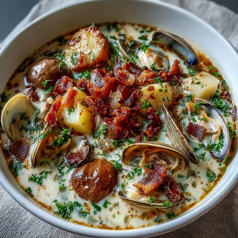 Steaming pot of New England Clam Chowder with tender potatoes, clams, and diced celery in a rich, buttery broth.