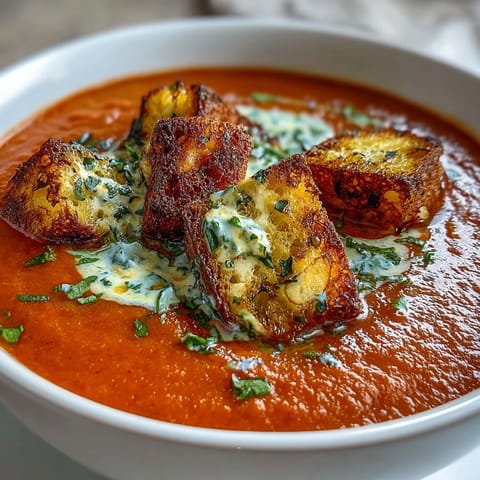 A bowl of Roasted Red Pepper Soup with Crispy Croutons, featuring a velvety texture and deep red-orange hue.