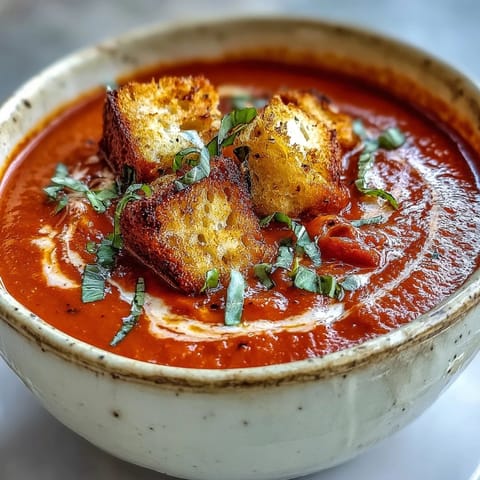 Creamy roasted tomato soup garnished with fresh basil and golden croutons on a rustic wooden table.  