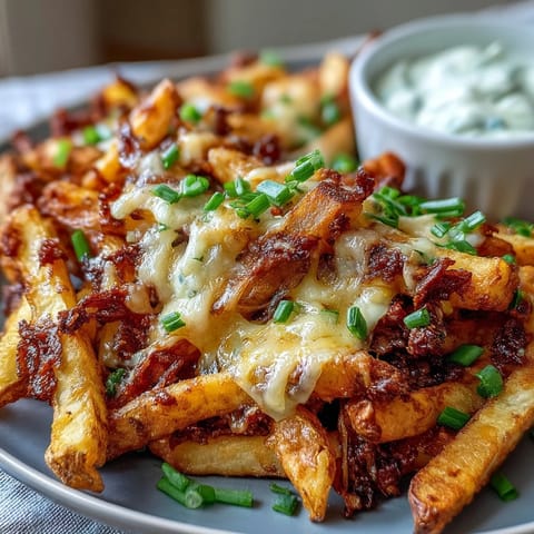 Steaming Cheesy BBQ Fries with Ranch Dip offer smoky seasoning and a cool, creamy dip.