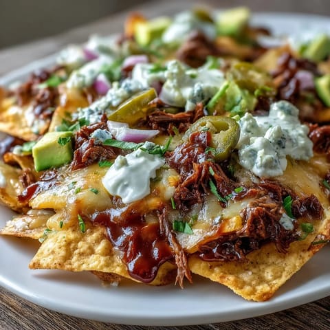 Hearty BBQ Beef Nachos baked with Monterey Jack cheese, ready to serve with sour cream and fresh cilantro.