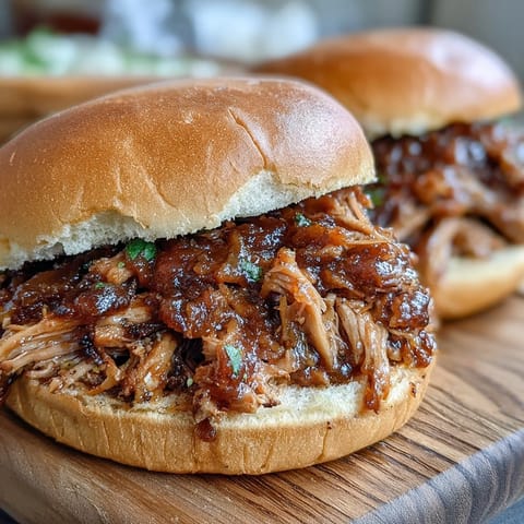 Tender slow-cooked pork shoulder piled high on toasted buns, topped with creamy coleslaw and a drizzle of extra applesauce.
