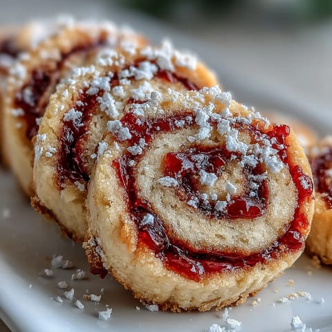 Close-up of Raspberry Swirl Shortbread Cookies with golden edges and jam centers.