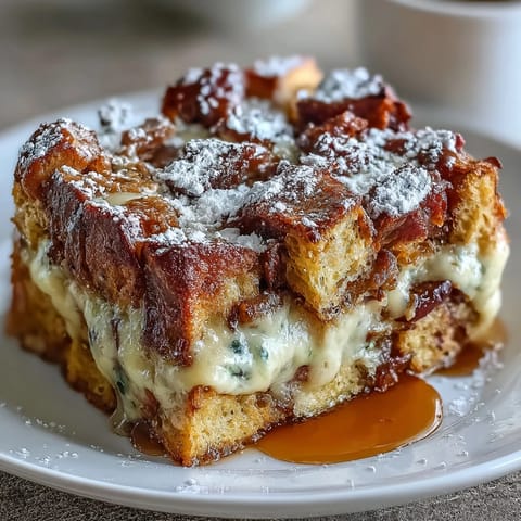 A generous slice of Monte Cristo Breakfast Casserole shows layers of ham, turkey, and melted Swiss.