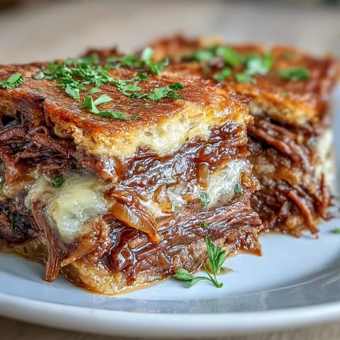 Savory Crock Pot French Onion Pot Roast with tender beef, caramelized onions, and gooey Gruyere in the slow cooker.