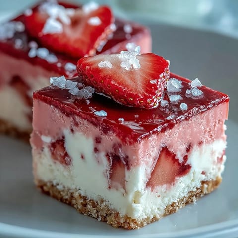 Chilled No-Bake Strawberry Fudge Squares on a graham cracker crust, topped with fresh strawberry slices.