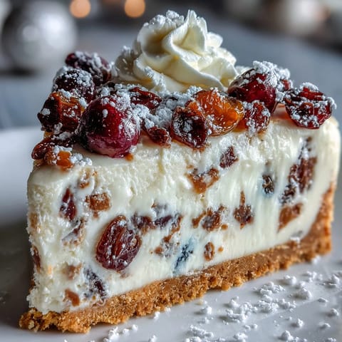 Christmas Cheesecake Slab squares topped with fluffy whipped cream and a dusting of powdered sugar, ready to serve on a festive plate.