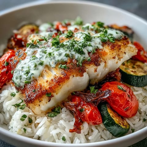 Golden-brown pan-seared fish rests on fluffy white rice with vibrant roasted vegetables, all drizzled with a bright lemon sauce for an easy dinner.