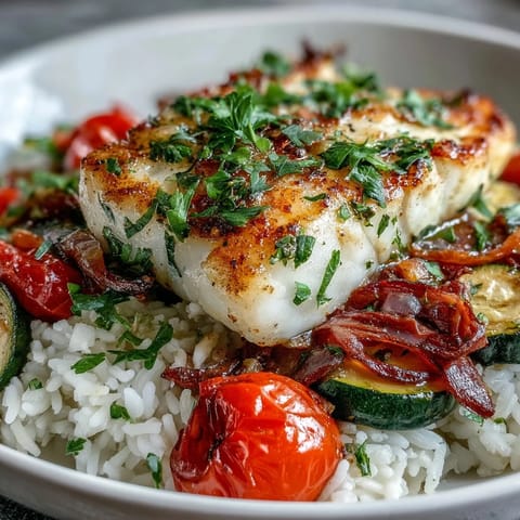 Tender pan-seared fish flakily breaks apart over rice, surrounded by caramelized zucchini, peppers, and onions, ready to be drenched in lemon butter sauce.