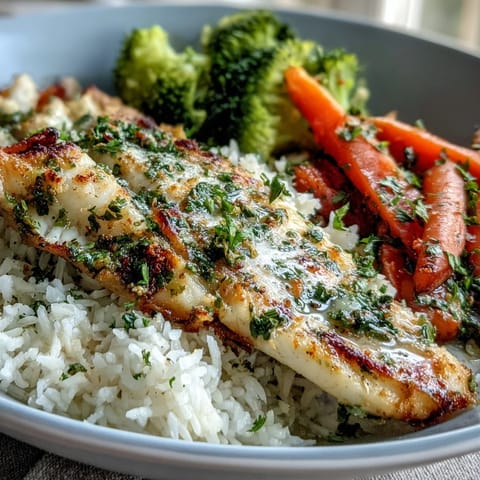 Flaky herb-baked tilapia fillet on fluffy white rice with steamed broccoli and carrots.