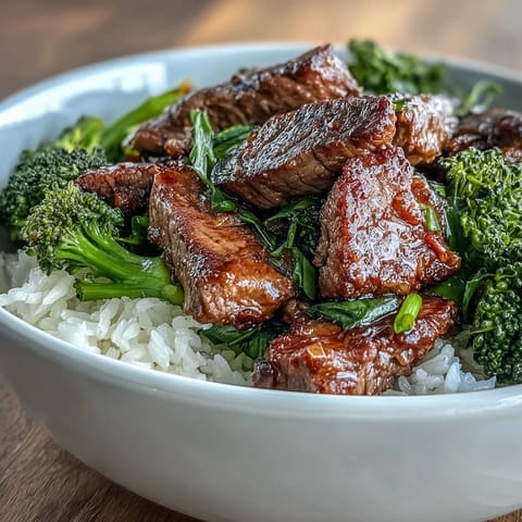 Tender strips of marinated beef and bright green broccoli piled high over fluffy jasmine rice in a Beef and Broccoli Bowl.