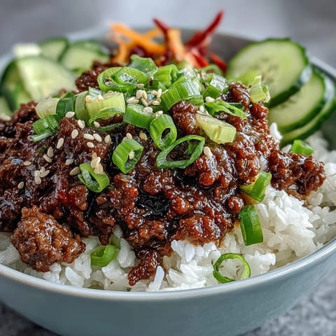 Savory Korean Ground Beef Bowl with seasoned meat, fluffy rice, and vibrant pink pickled vegetables.