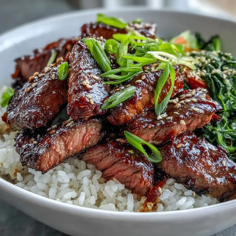 Steaming bowls of fluffy white rice topped with glossy Teriyaki Beef Bowl and sautéed vegetables.