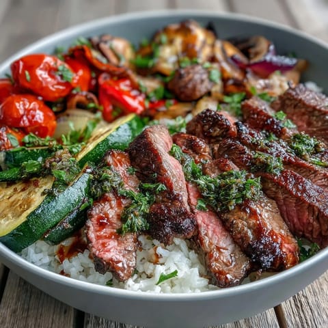 Juicy, medium-rare steak slices and caramelized peppers and onions serve over fluffy rice in this hearty Sheet Pan Steak and Veggie Bowl.