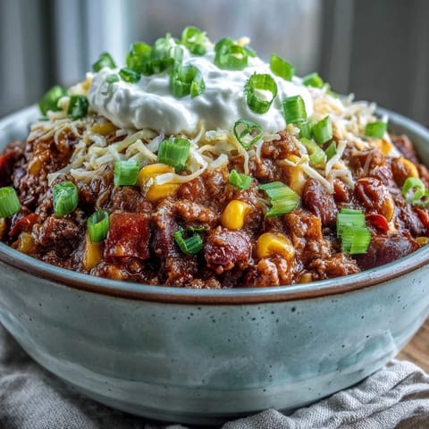 Hearty Chili Bowl Base with ground beef, beans, and corn over fluffy white rice, topped with shredded cheddar cheese.