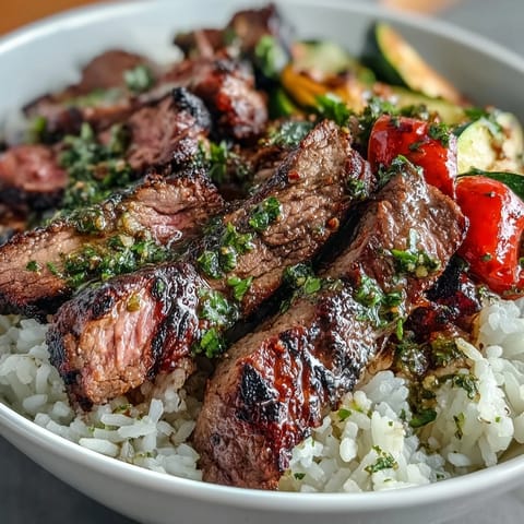 A hearty grilled steak bowl with tender slices of beef, fluffy rice, and colorful roasted vegetables, topped with vibrant chimichurri sauce.
