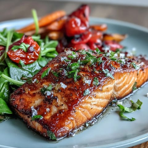 Colorful sheet pan dinner featuring flaky salmon and caramelized vegetables, garnished with fresh parsley and lemon wedges.  