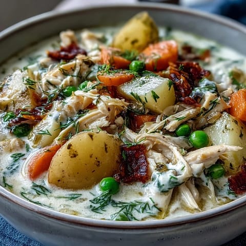 Creamy Slow Cooker Chicken Pot Pie Soup with tender chicken, potatoes, carrots, and peas in a rich, comforting broth—perfect for a cozy family dinner.