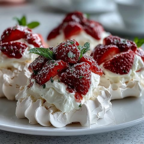 Delicate mini pavlovas with crisp meringue shells, topped with billowy whipped cream and juicy strawberries.