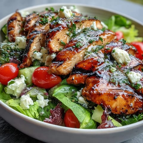 Healthy lemon vinaigrette grilled chicken bowl, featuring quinoa, greens, and colorful bell peppers.  